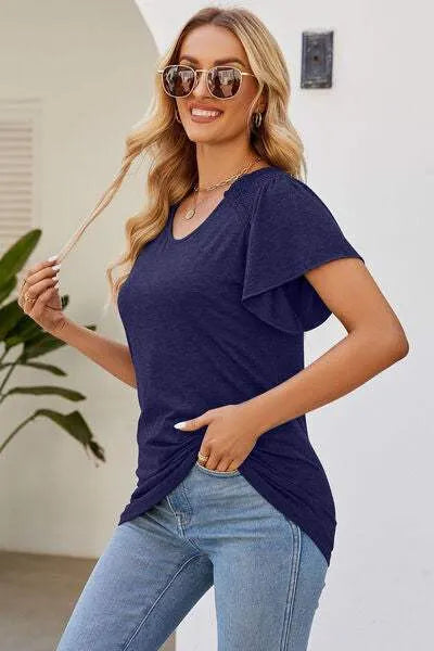Smocked Round Neck Flutter Sleeve T-Shirt Women's T-Shirts - Tophatter Daily Deals